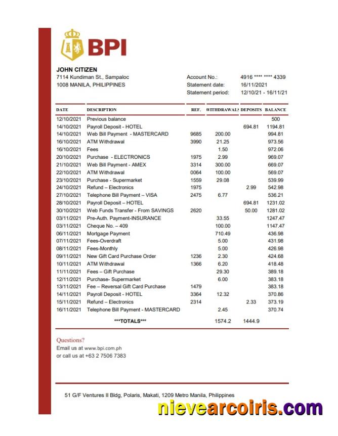 Philippines Bank of the Philippine bank statement easy to fill in Excel and PDF format